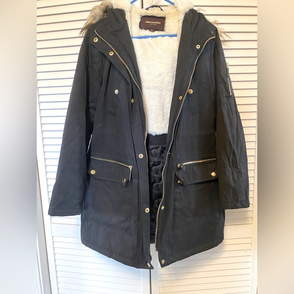 Johnston & Murphy Winter Jacket - Black Parka with Faux Fur Hood - Small